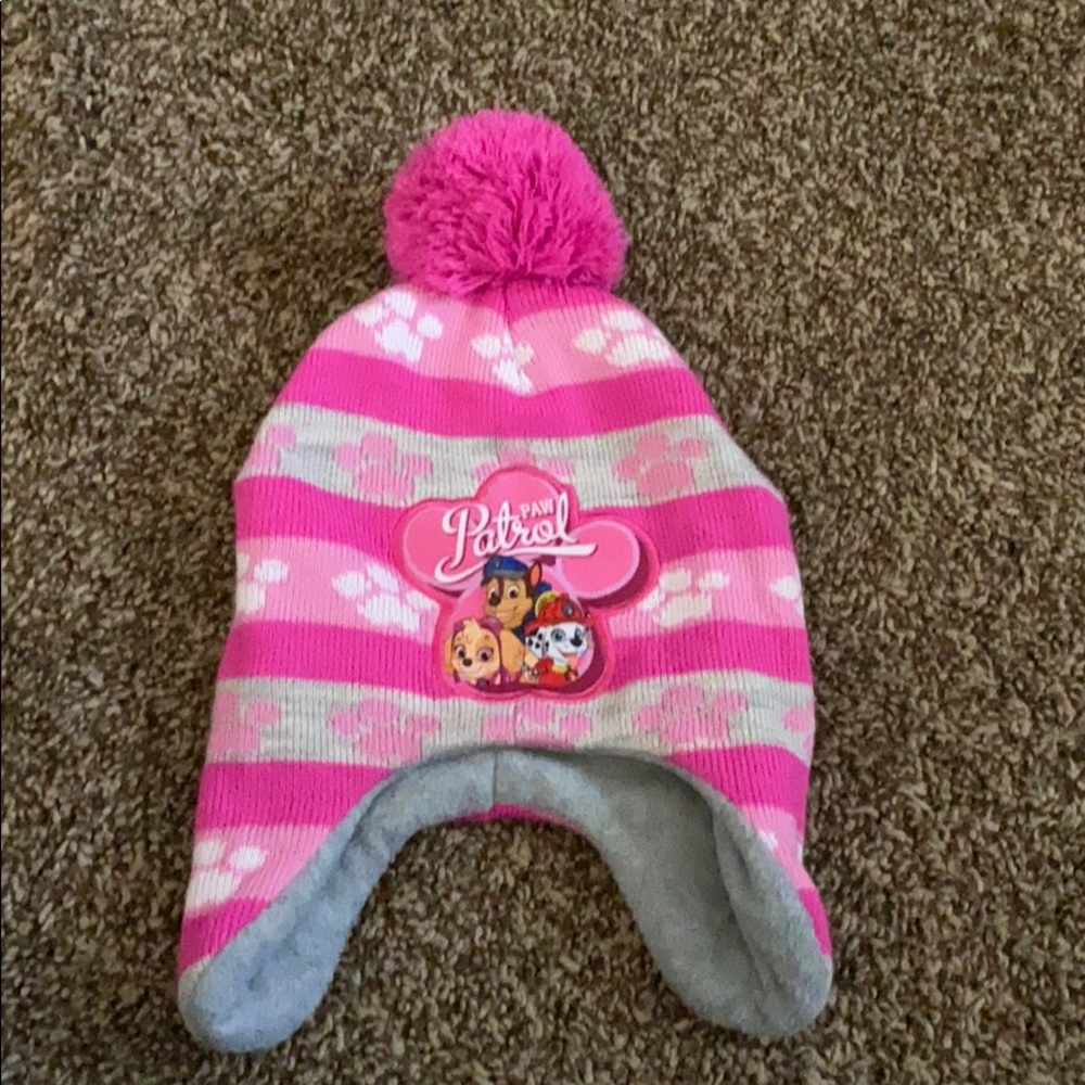 Pink and gray paw patrol beanie